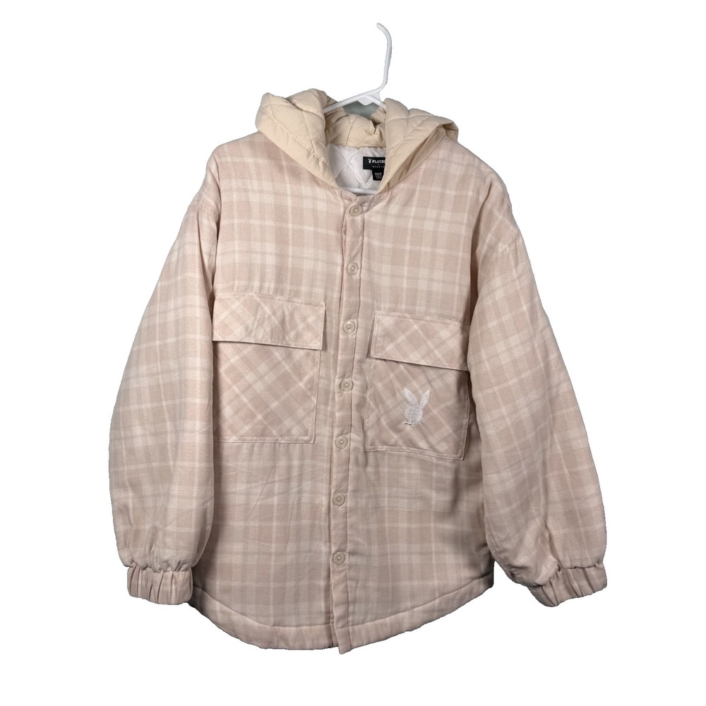 Pacsun Playboy Ex Boyfriend Plaid JacketShacket Pink White Cream XS S Oversized